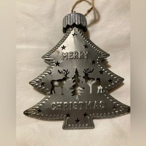 Christmas holiday tree shaped ornament decor, laser cut metal reindeers & stars